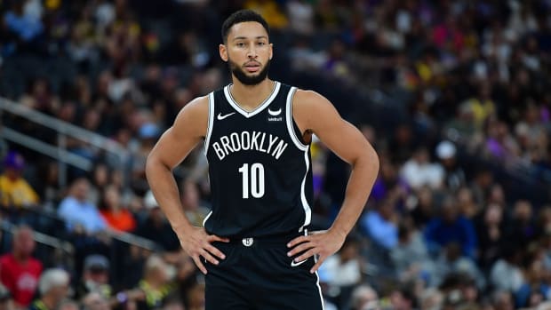 Brooklyn Nets guard Ben Simmons (10) against the Los Angeles Lakers during the first half at T-Mobile Arena. 